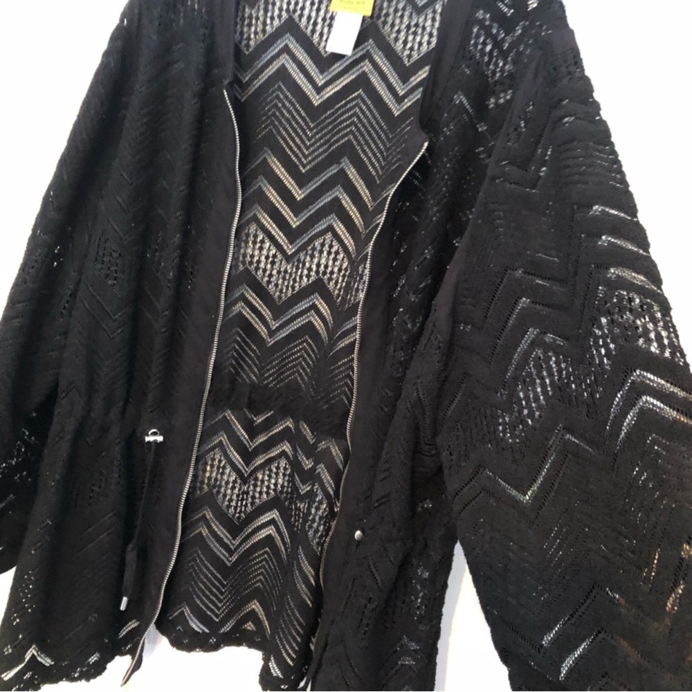 Ruby Rd Black Open Weave Zip Up Long Sleeve Mid Thigh Swim Coverup Size 3X